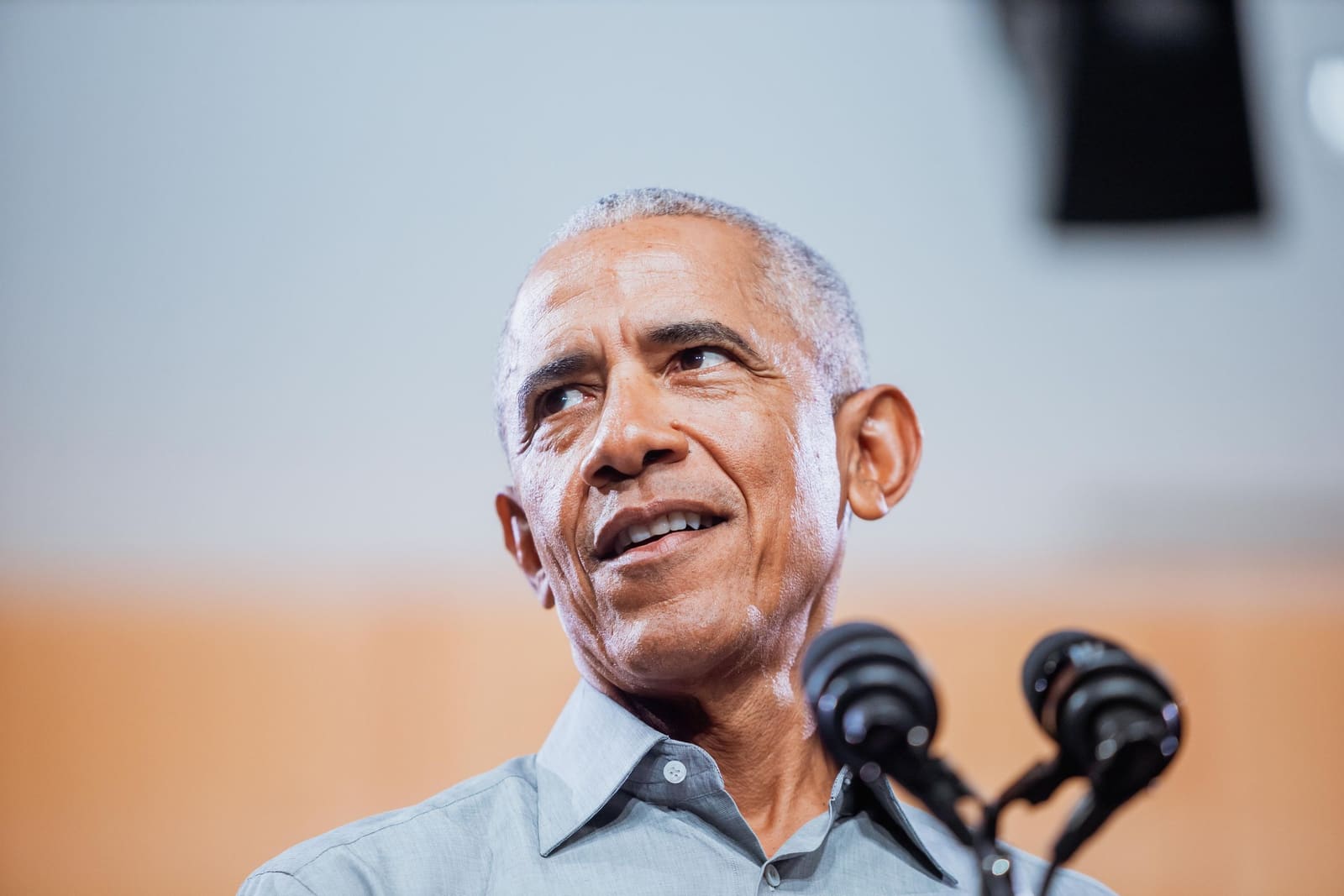Barack Obama in a close portrait at the microphone, Charlotte, NC