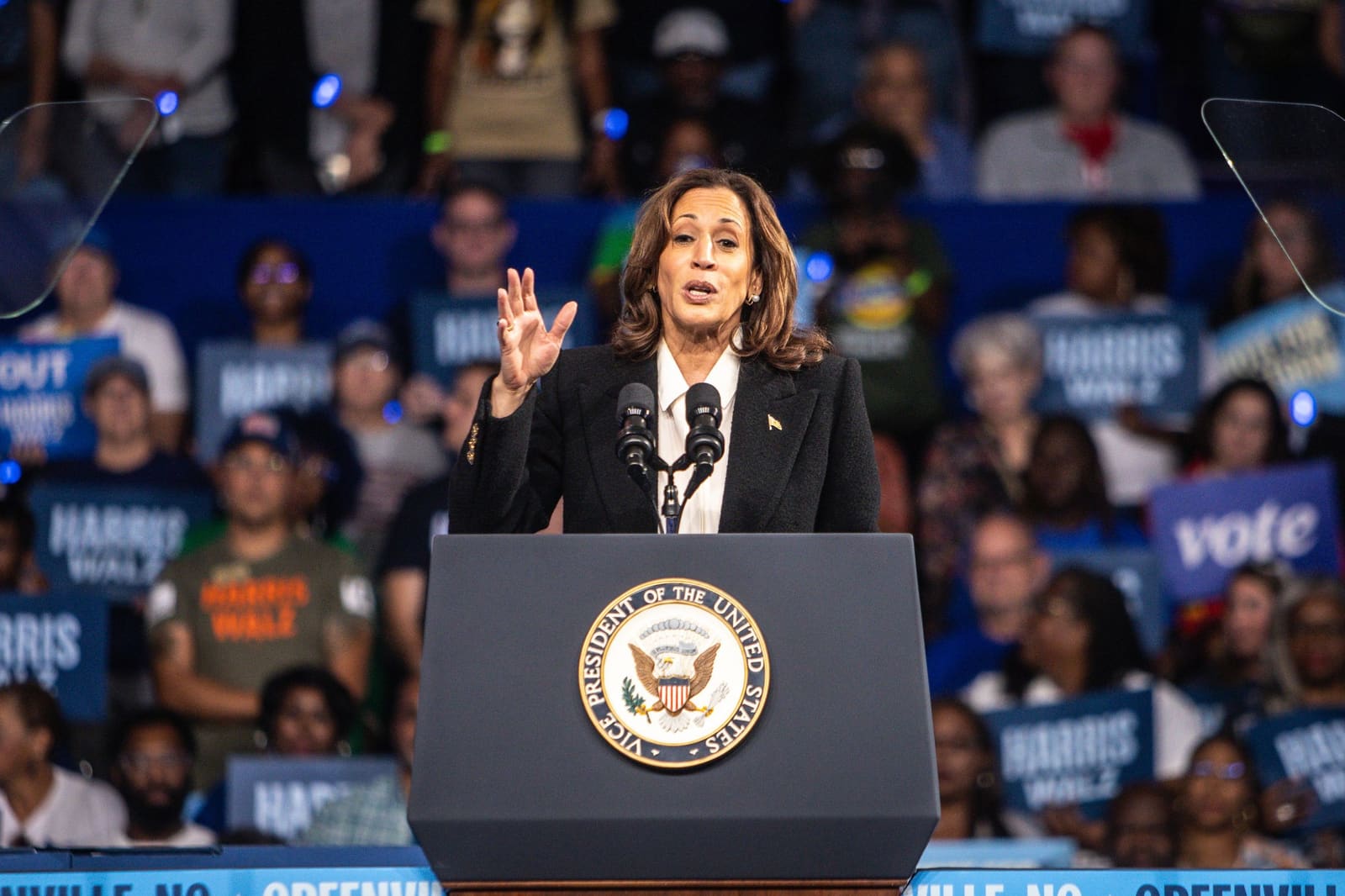 Kamala Harris speaks at a podium before a large crowd at a Harris campaign campaign rally.