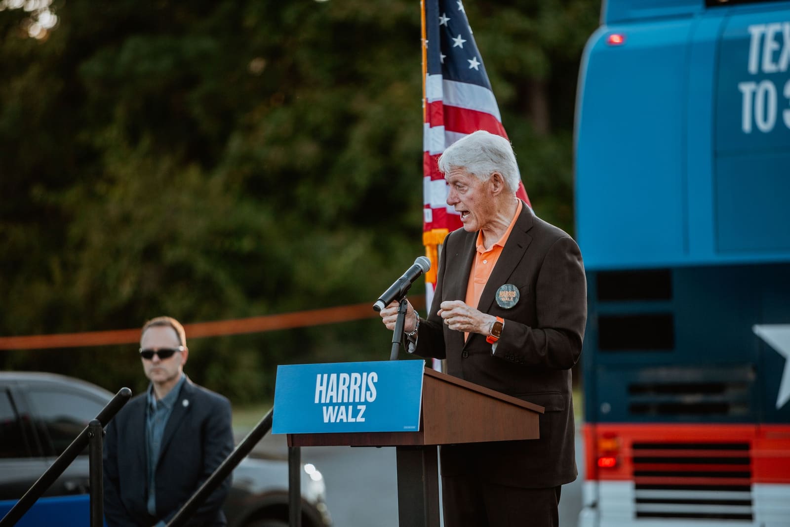 Bill Clinton at the podium with an American flag, Greenville, NC