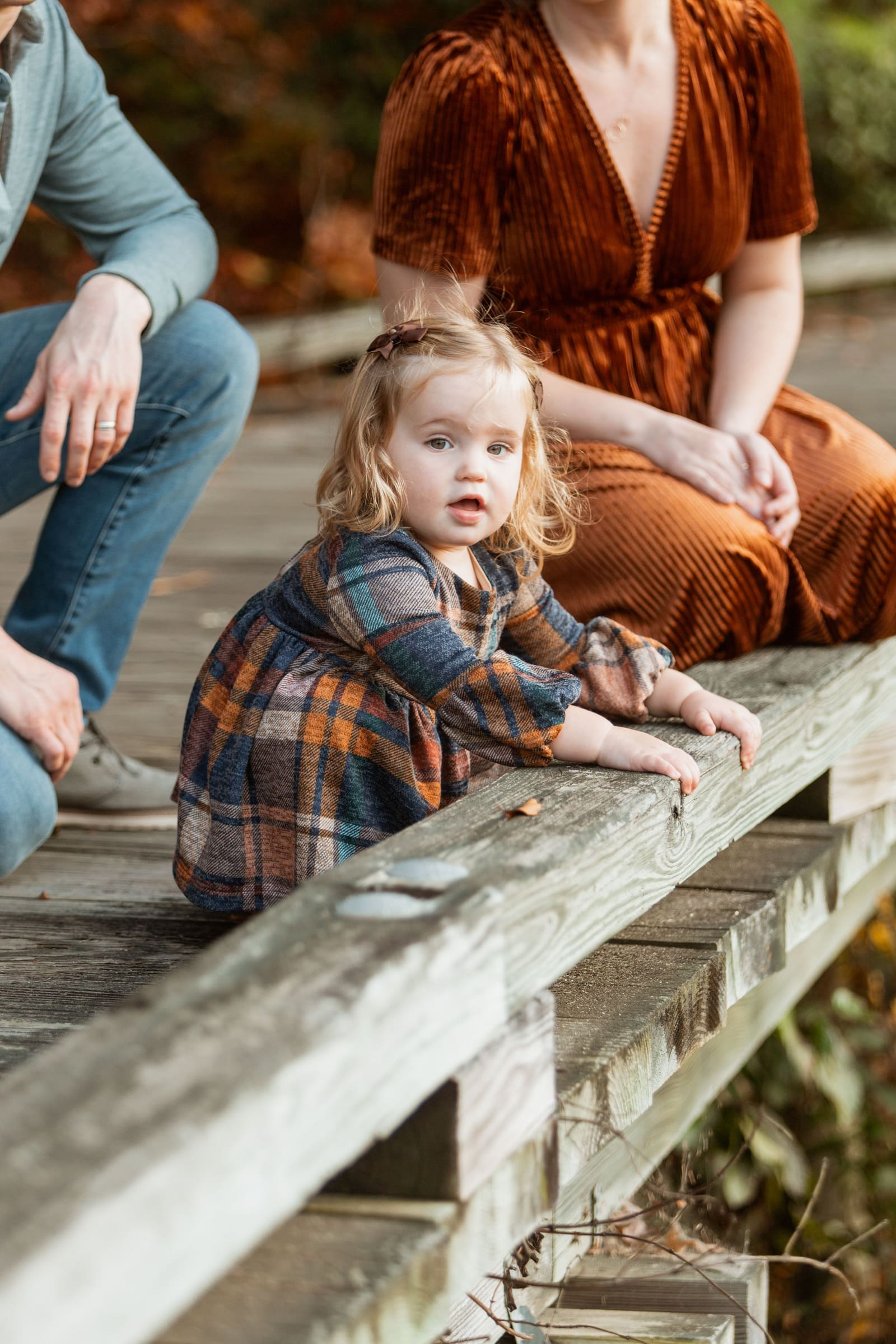 Curious blonde toddler girl in plaid dress leans on wooden boardwalk railing with parents sitting behind her in fall setting.
