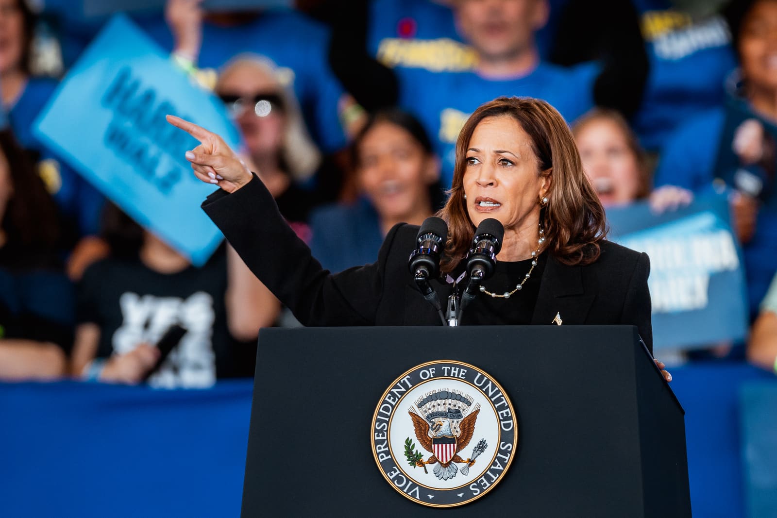 Kamala Harris pointing to the crowd