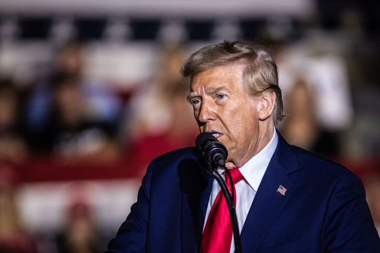 Donald Trump speaking, shot from a low angle